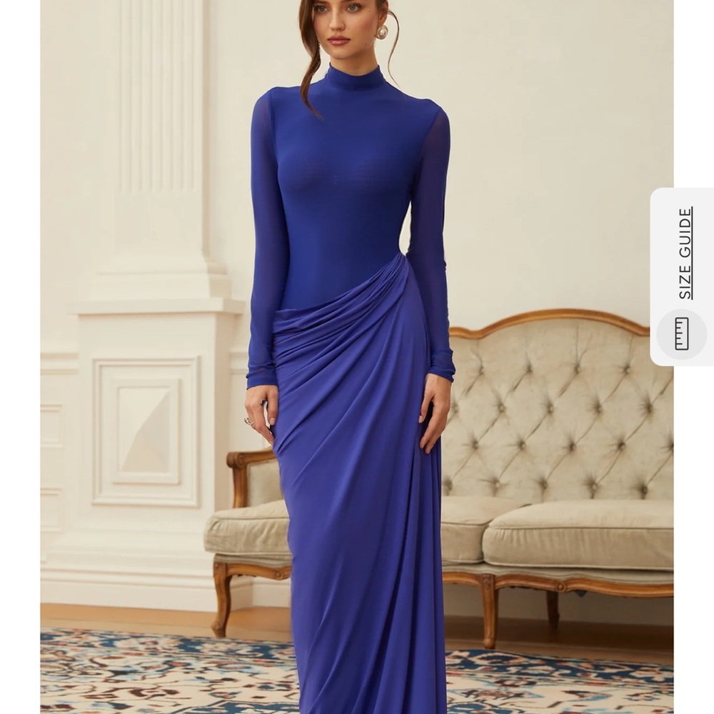 Eva Gathered Draped Blue Long Sleeve Dress